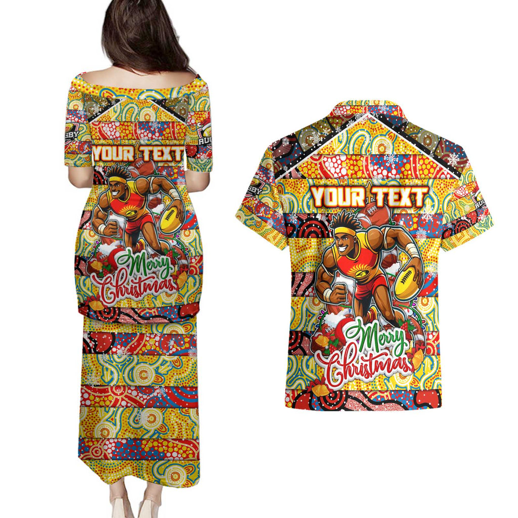 Custom Suns Rugby Merry Christmas Couples Matching Puletasi and Hawaiian Shirt Indigenous Australian Art