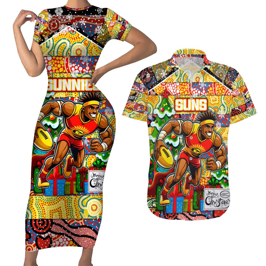 Custom Suns Rugby Merry Christmas Couples Matching Short Sleeve Bodycon Dress and Hawaiian Shirt Indigenous Australian Art