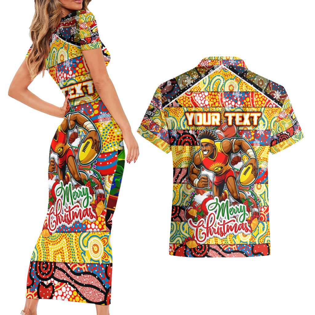 Custom Suns Rugby Merry Christmas Couples Matching Short Sleeve Bodycon Dress and Hawaiian Shirt Indigenous Australian Art