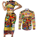Custom Suns Rugby Merry Christmas Couples Matching Short Sleeve Bodycon Dress and Long Sleeve Button Shirt Indigenous Australian Art