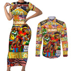 Custom Suns Rugby Merry Christmas Couples Matching Short Sleeve Bodycon Dress and Long Sleeve Button Shirt Indigenous Australian Art