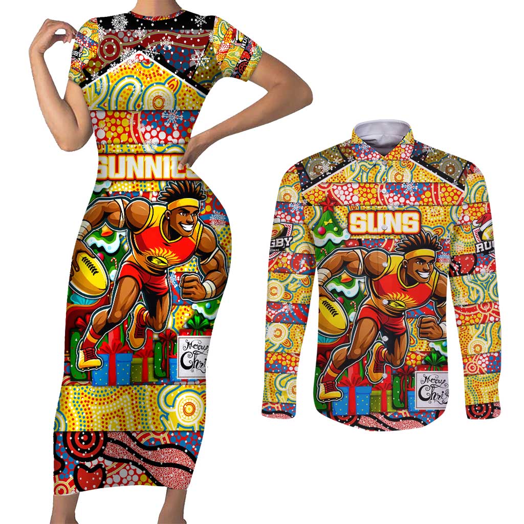 Custom Suns Rugby Merry Christmas Couples Matching Short Sleeve Bodycon Dress and Long Sleeve Button Shirt Indigenous Australian Art