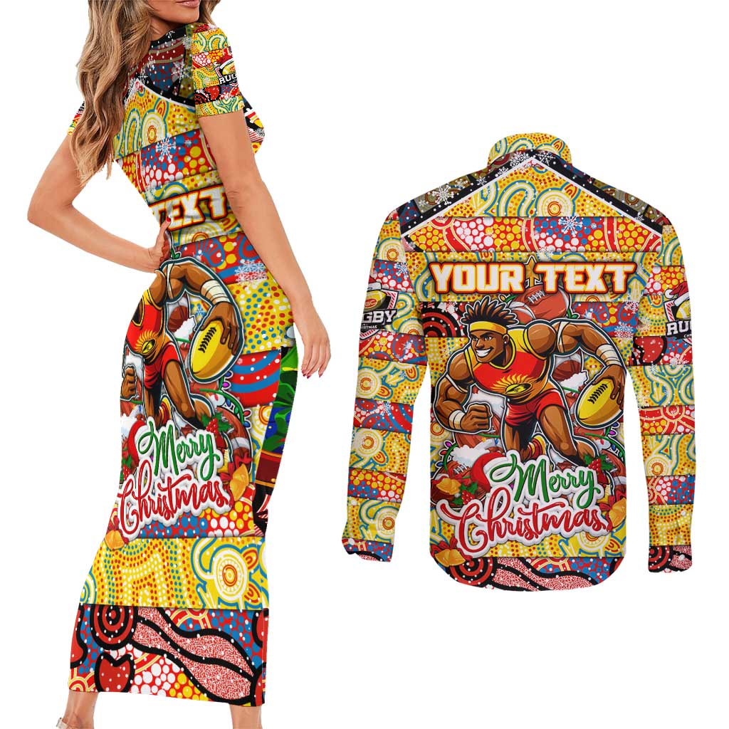 Custom Suns Rugby Merry Christmas Couples Matching Short Sleeve Bodycon Dress and Long Sleeve Button Shirt Indigenous Australian Art