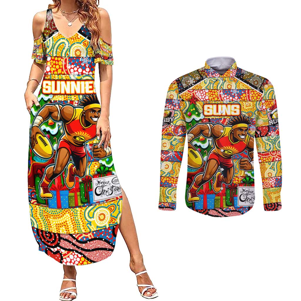 Custom Suns Rugby Merry Christmas Couples Matching Summer Maxi Dress and Long Sleeve Button Shirt Indigenous Australian Art