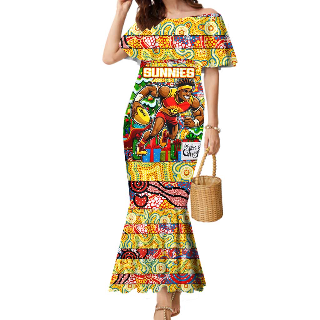 Custom Suns Rugby Merry Christmas Family Matching Mermaid Dress and Hawaiian Shirt Indigenous Australian Art