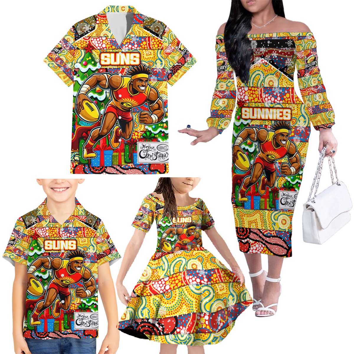 Custom Suns Rugby Merry Christmas Family Matching Off The Shoulder Long Sleeve Dress and Hawaiian Shirt Indigenous Australian Art
