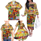 Custom Suns Rugby Merry Christmas Family Matching Off The Shoulder Long Sleeve Dress and Hawaiian Shirt Indigenous Australian Art