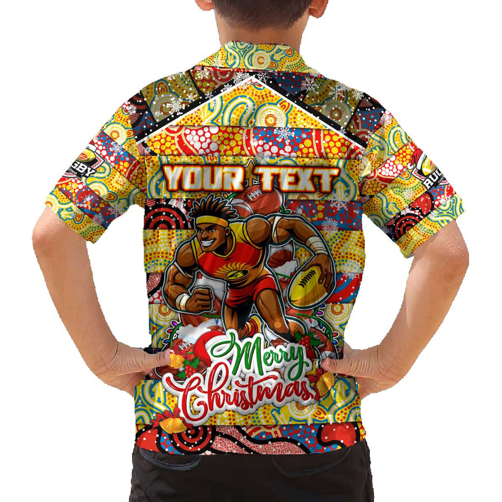 Custom Suns Rugby Merry Christmas Family Matching Off The Shoulder Long Sleeve Dress and Hawaiian Shirt Indigenous Australian Art