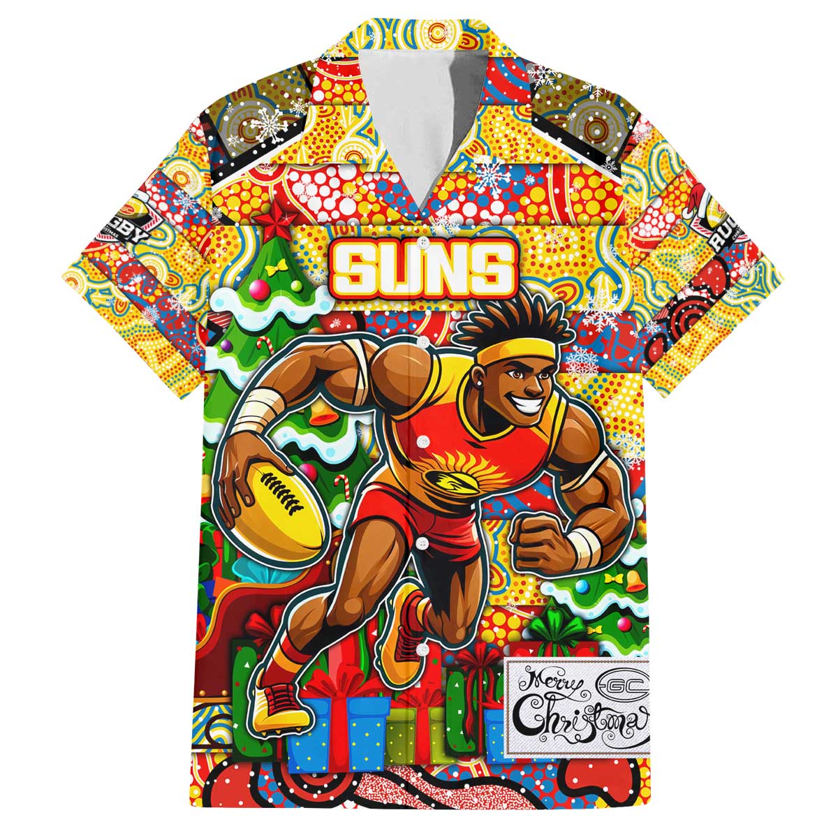 Custom Suns Rugby Merry Christmas Family Matching Off The Shoulder Long Sleeve Dress and Hawaiian Shirt Indigenous Australian Art