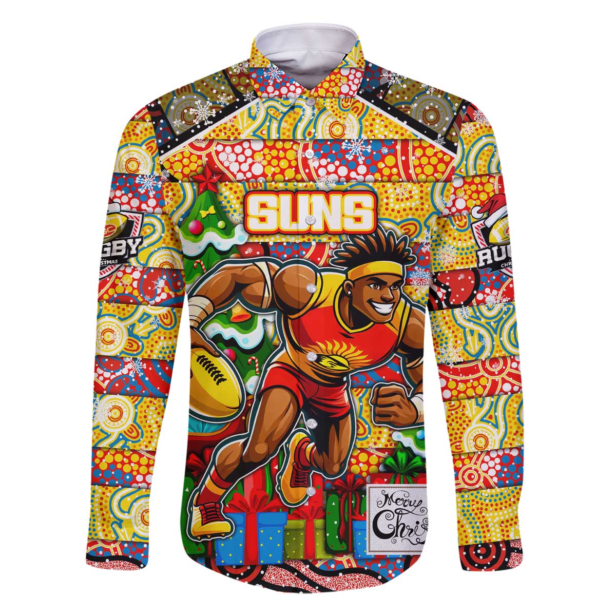 Custom Suns Rugby Merry Christmas Family Matching Off The Shoulder Long Sleeve Dress and Hawaiian Shirt Indigenous Australian Art
