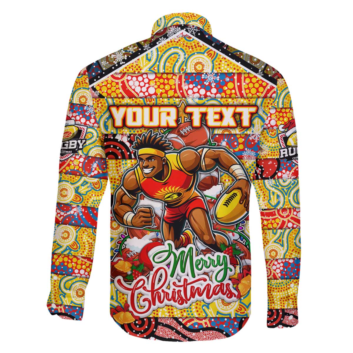 Custom Suns Rugby Merry Christmas Family Matching Off The Shoulder Long Sleeve Dress and Hawaiian Shirt Indigenous Australian Art