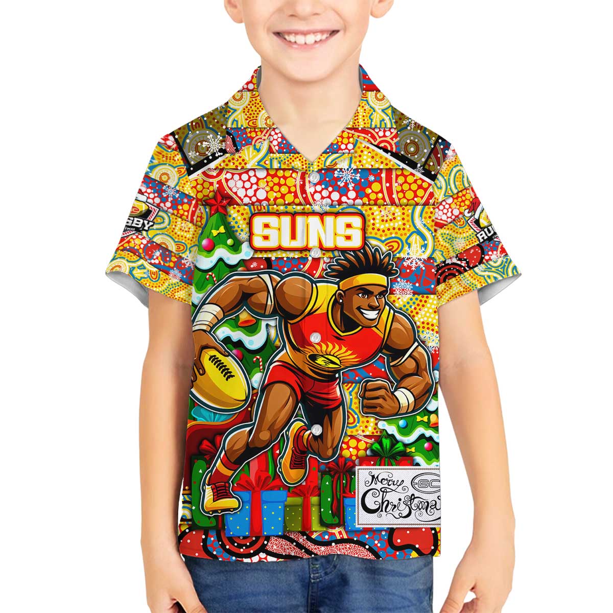 Custom Suns Rugby Merry Christmas Family Matching Off The Shoulder Long Sleeve Dress and Hawaiian Shirt Indigenous Australian Art