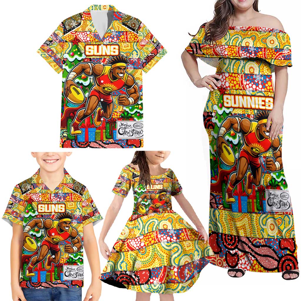 Custom Suns Rugby Merry Christmas Family Matching Off Shoulder Maxi Dress and Hawaiian Shirt Indigenous Australian Art