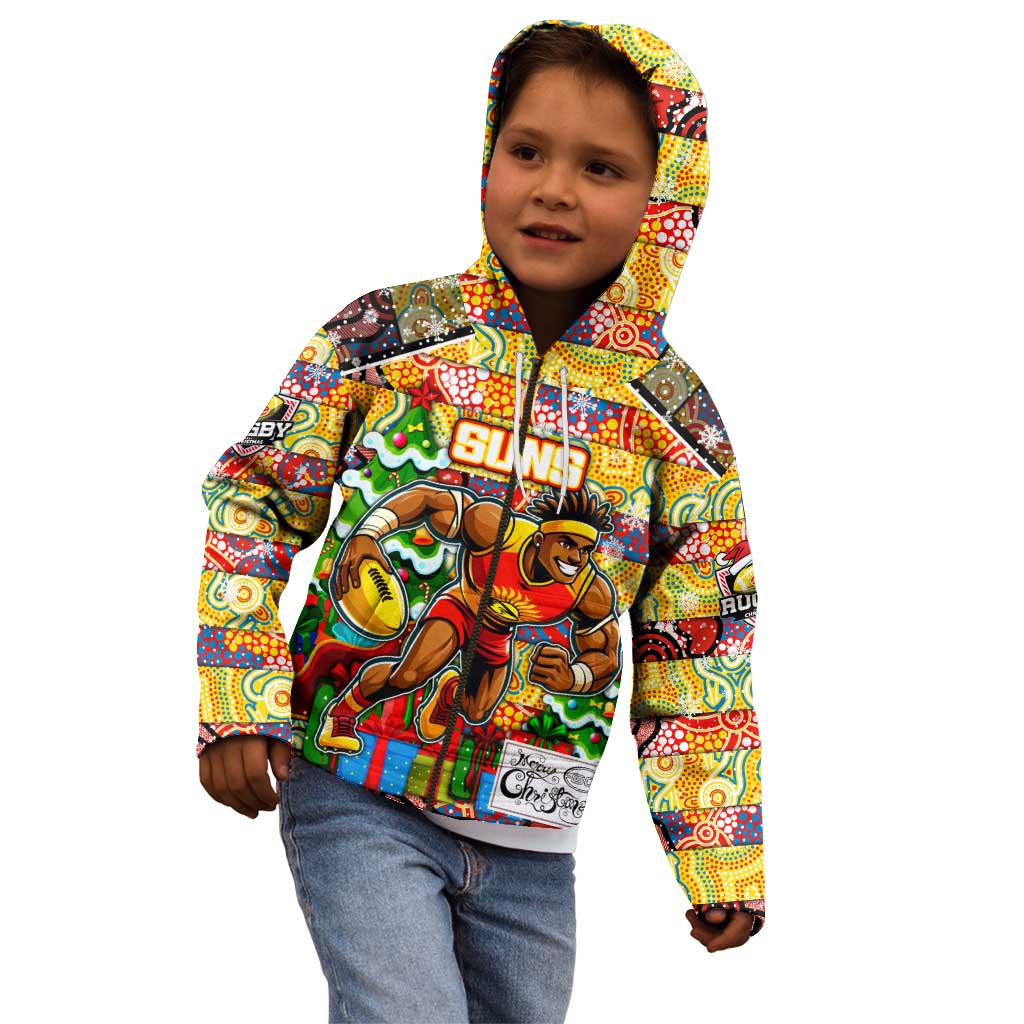 Custom Suns Rugby Merry Christmas Kid Hoodie Indigenous Australian Art