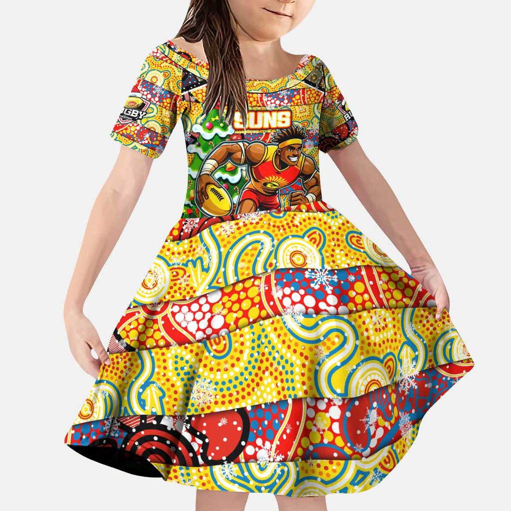 Custom Suns Rugby Merry Christmas Kid Short Sleeve Dress Indigenous Australian Art