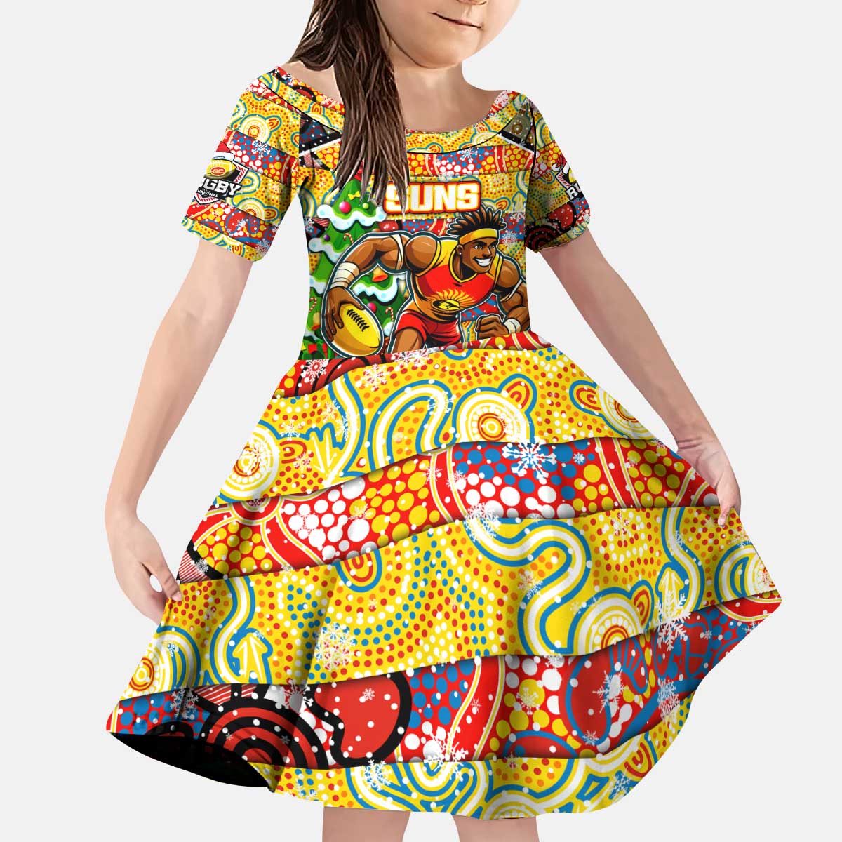 Custom Suns Rugby Merry Christmas Kid Short Sleeve Dress Indigenous Australian Art