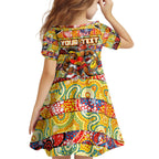 Custom Suns Rugby Merry Christmas Kid Short Sleeve Dress Indigenous Australian Art