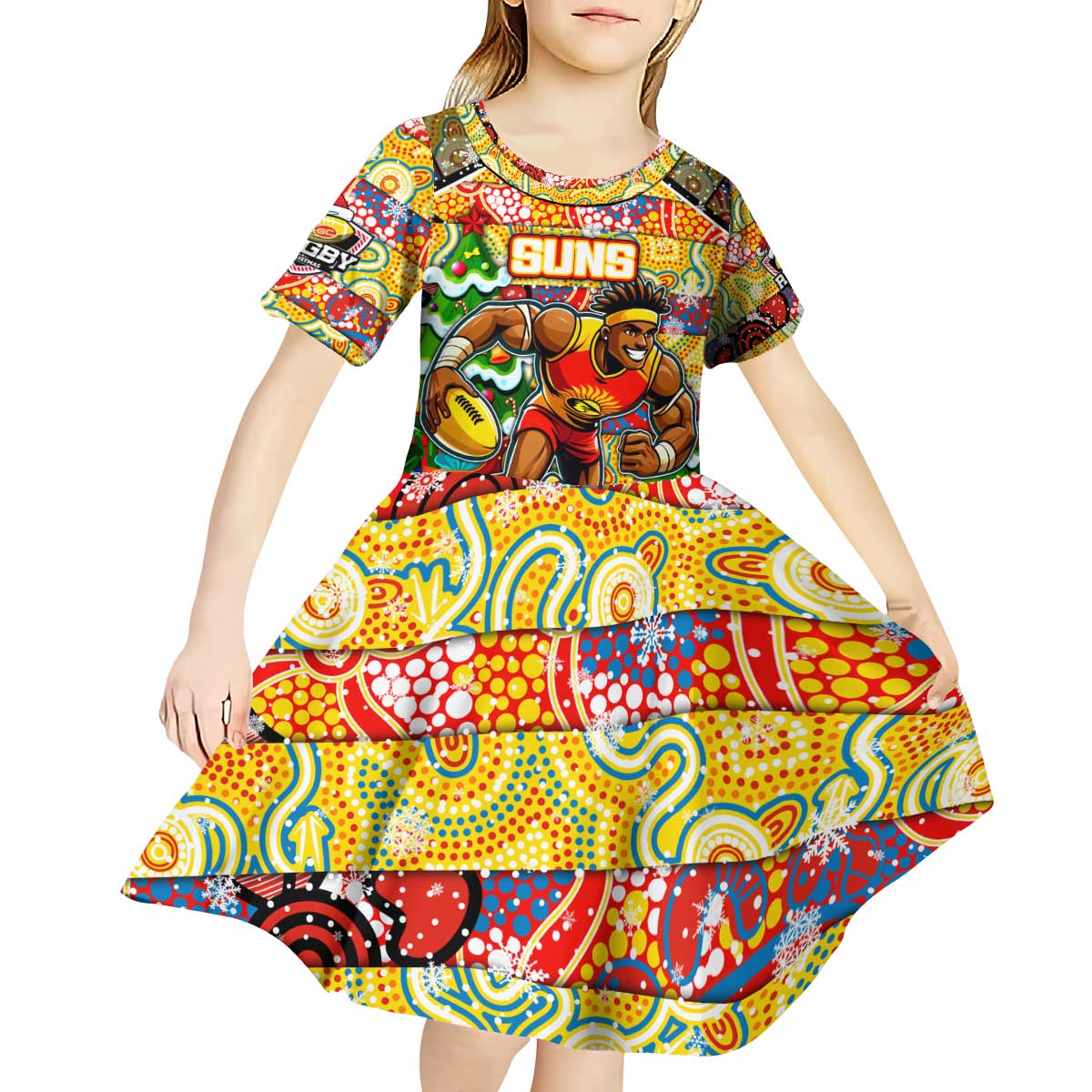 Custom Suns Rugby Merry Christmas Kid Short Sleeve Dress Indigenous Australian Art