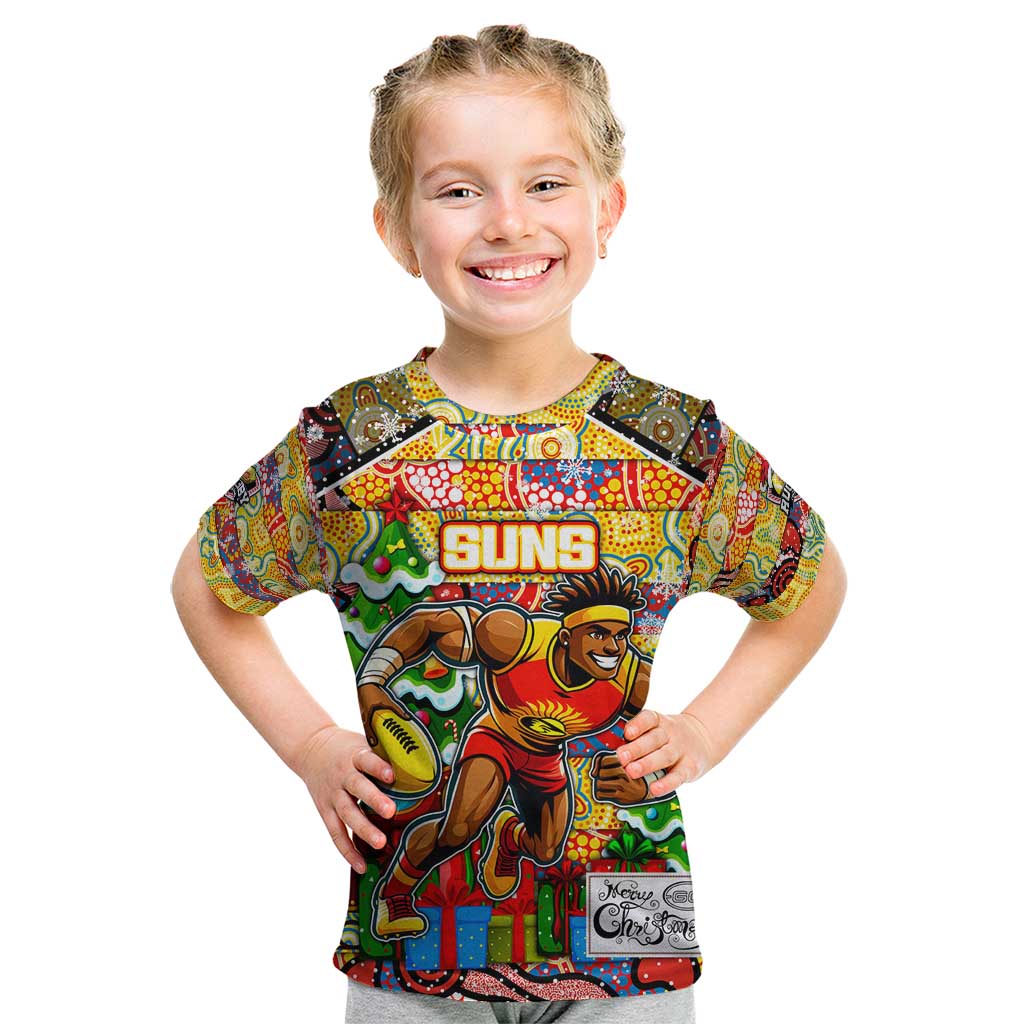 Custom Suns Rugby Merry Christmas Kid T Shirt Indigenous Australian Art
