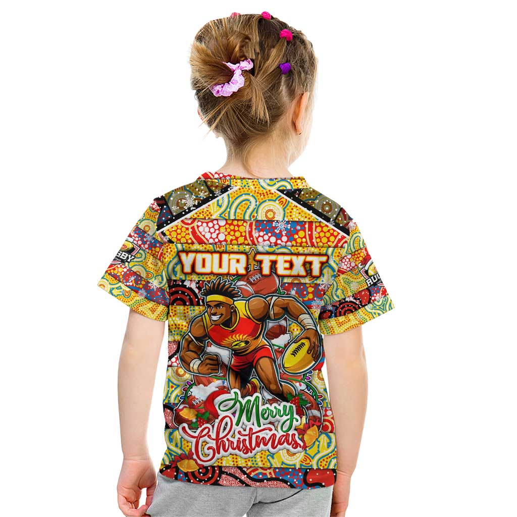 Custom Suns Rugby Merry Christmas Kid T Shirt Indigenous Australian Art