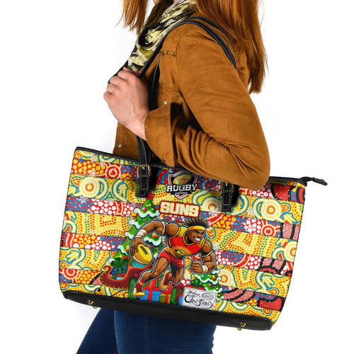 Suns Football Merry Christmas Leather Tote Bag Indigenous Australian Art
