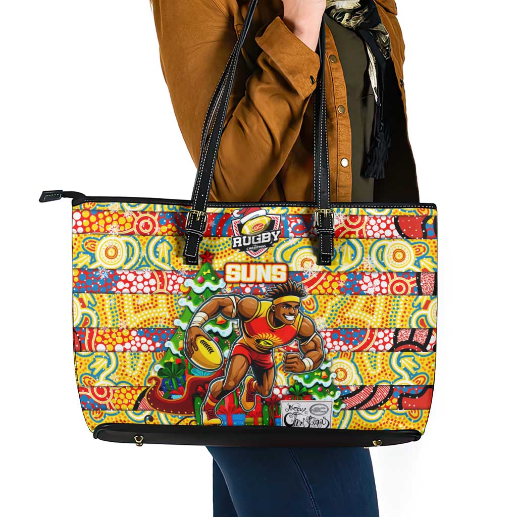 Suns Football Merry Christmas Leather Tote Bag Indigenous Australian Art
