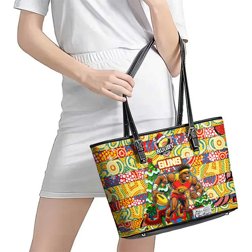 Suns Football Merry Christmas Leather Tote Bag Indigenous Australian Art