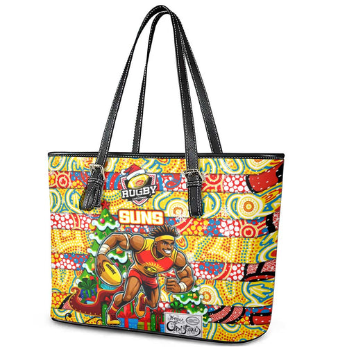 Suns Football Merry Christmas Leather Tote Bag Indigenous Australian Art
