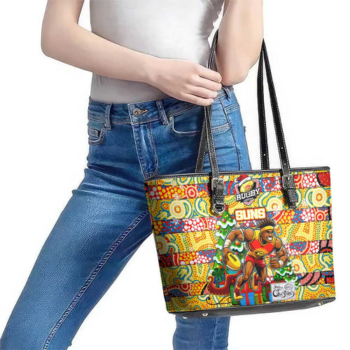 Suns Football Merry Christmas Leather Tote Bag Indigenous Australian Art
