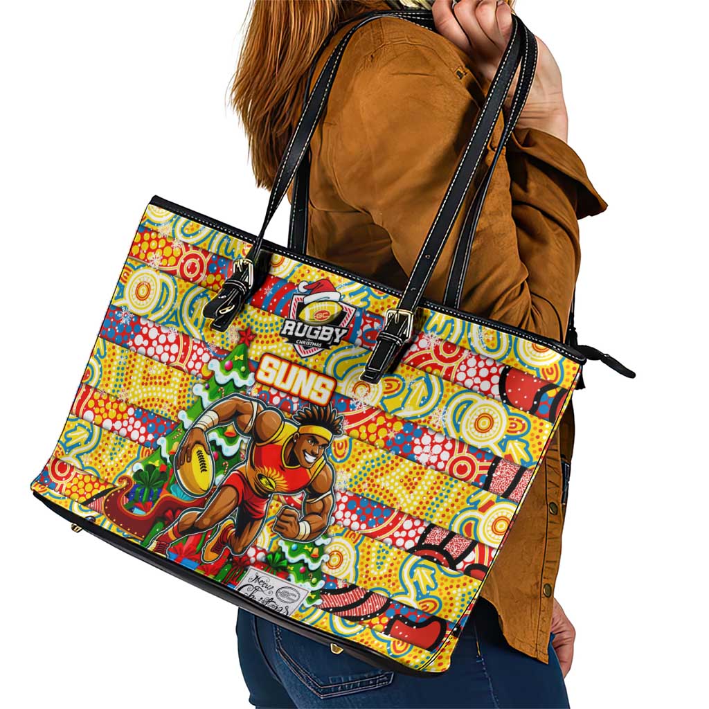 Suns Football Merry Christmas Leather Tote Bag Indigenous Australian Art