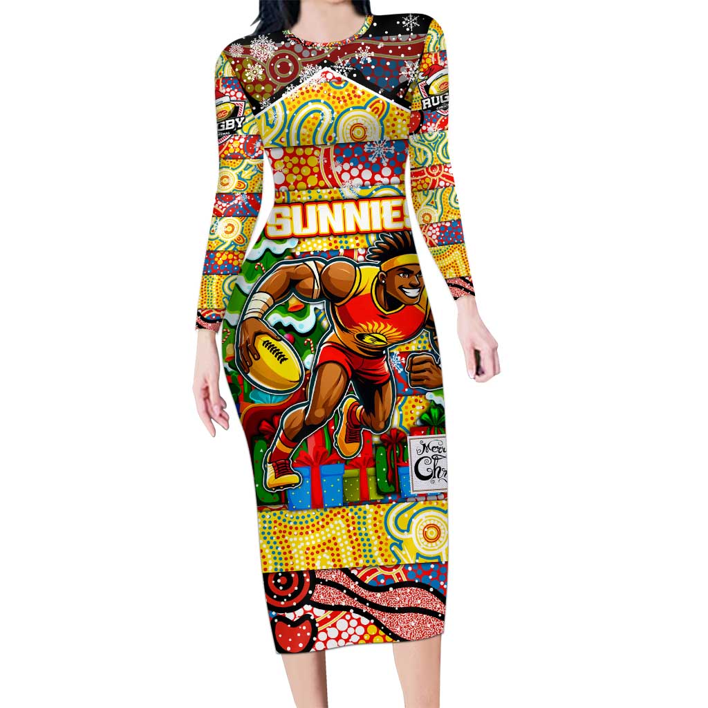 Custom Suns Rugby Merry Christmas Long Sleeve Bodycon Dress Indigenous Australian Art