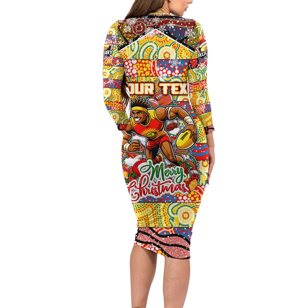 Custom Suns Rugby Merry Christmas Long Sleeve Bodycon Dress Indigenous Australian Art