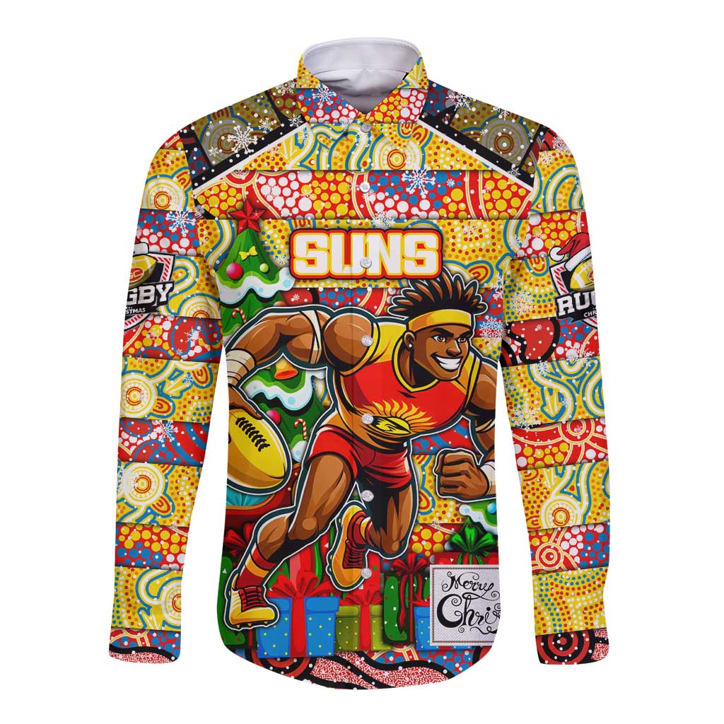 Custom Suns Rugby Merry Christmas Long Sleeve Button Shirt Indigenous Australian Art