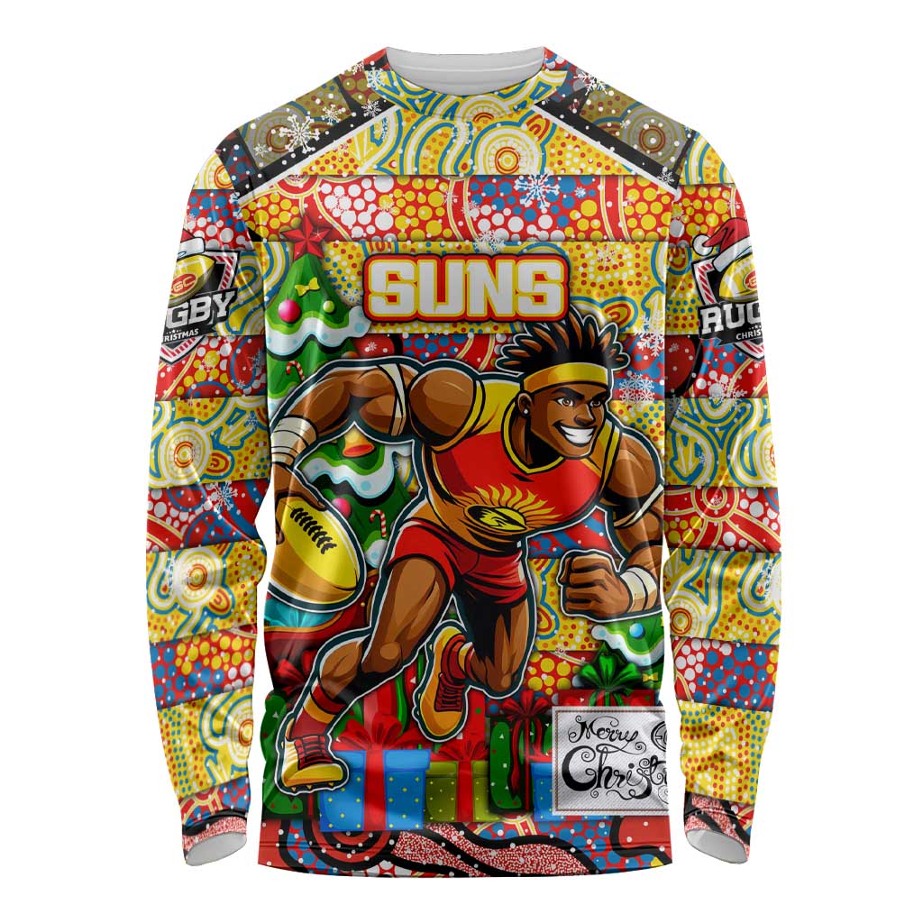 Custom Suns Rugby Merry Christmas Long Sleeve Shirt Indigenous Australian Art