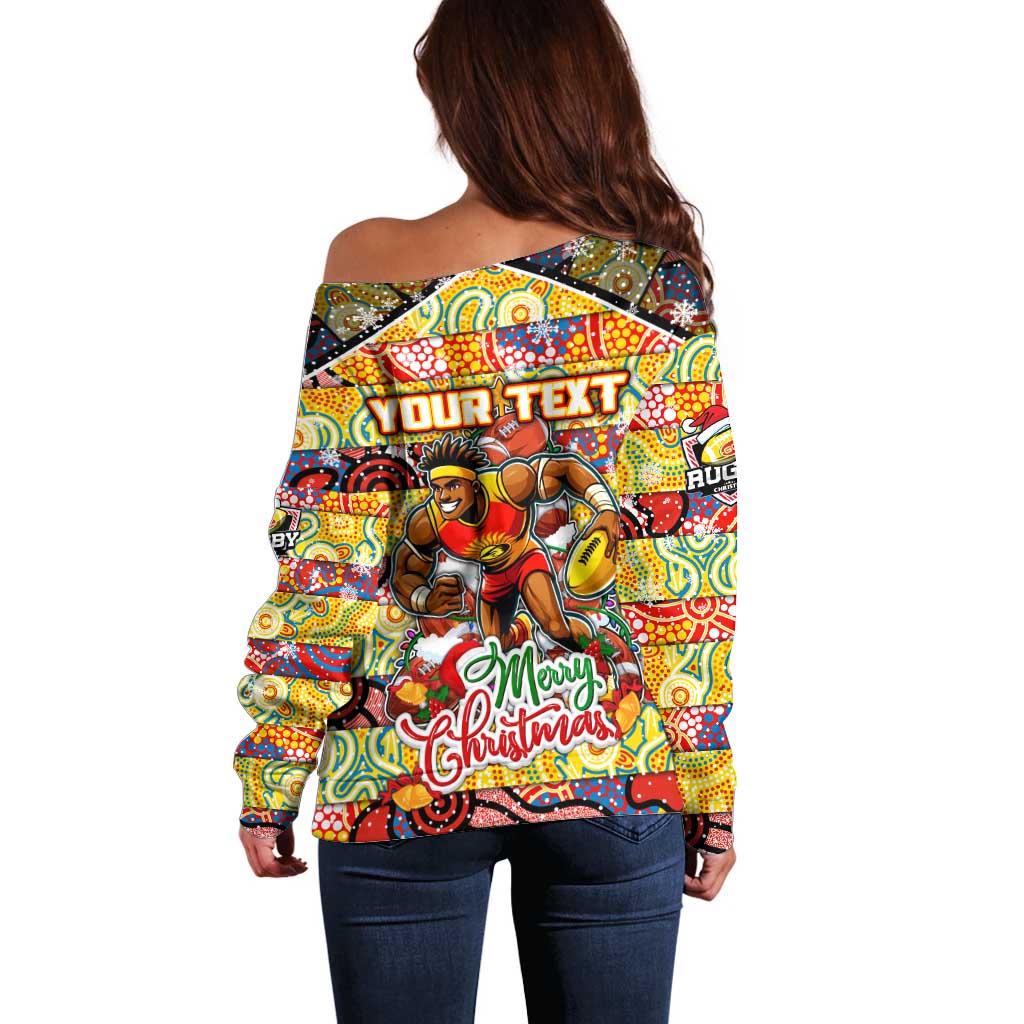 Custom Suns Rugby Merry Christmas Off Shoulder Sweater Indigenous Australian Art