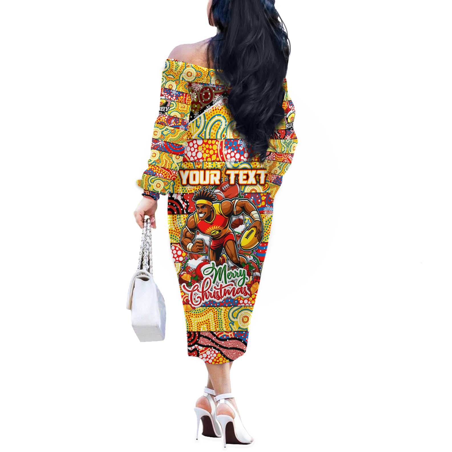 Custom Suns Rugby Merry Christmas Off The Shoulder Long Sleeve Dress Indigenous Australian Art