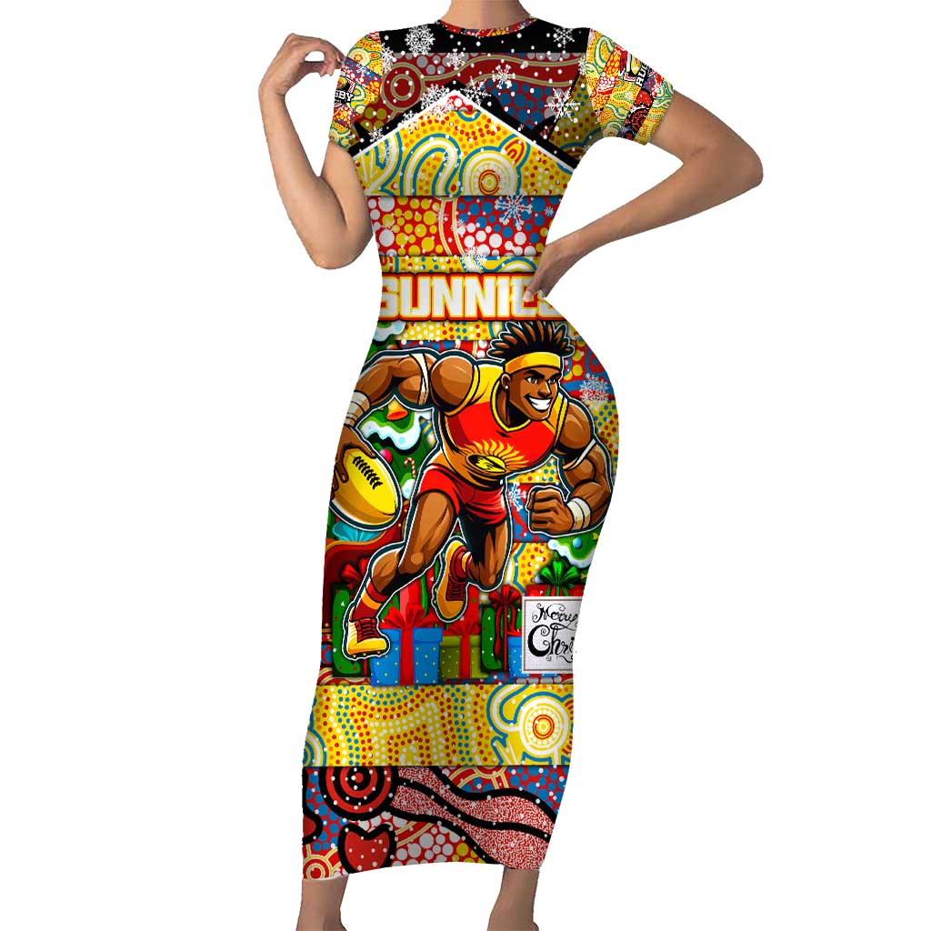 Custom Suns Rugby Merry Christmas Short Sleeve Bodycon Dress Indigenous Australian Art