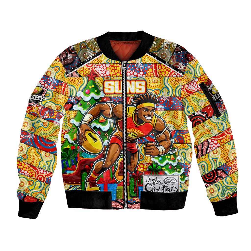 Custom Suns Rugby Merry Christmas Sleeve Zip Bomber Jacket Indigenous Australian Art
