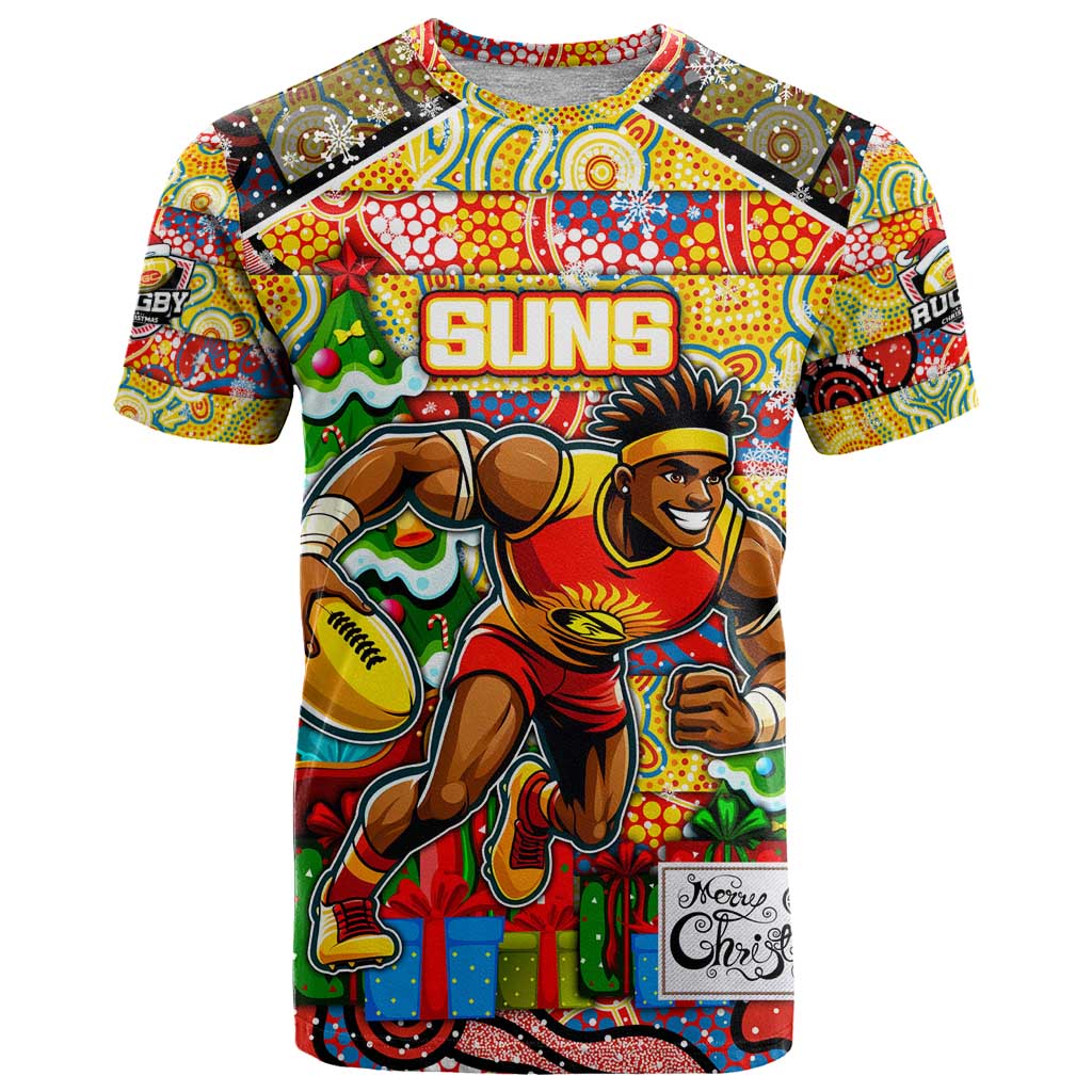 Custom Suns Rugby Merry Christmas T Shirt Indigenous Australian Art