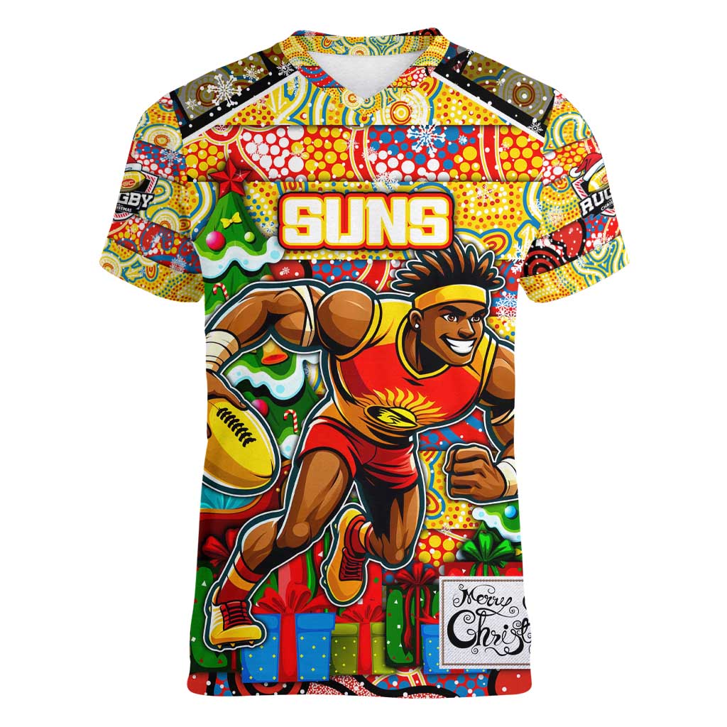 Custom Suns Rugby Merry Christmas Women V-Neck T-Shirt Indigenous Australian Art