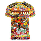 Custom Suns Rugby Merry Christmas Women V-Neck T-Shirt Indigenous Australian Art