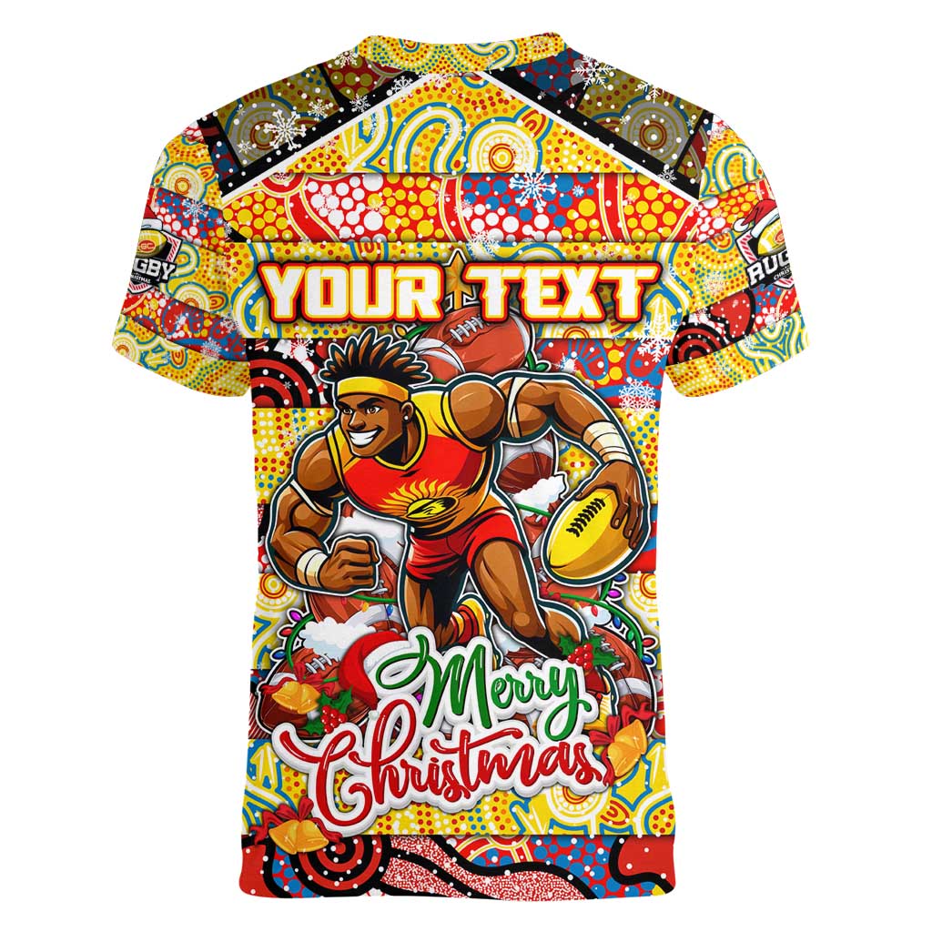 Custom Suns Rugby Merry Christmas Women V-Neck T-Shirt Indigenous Australian Art