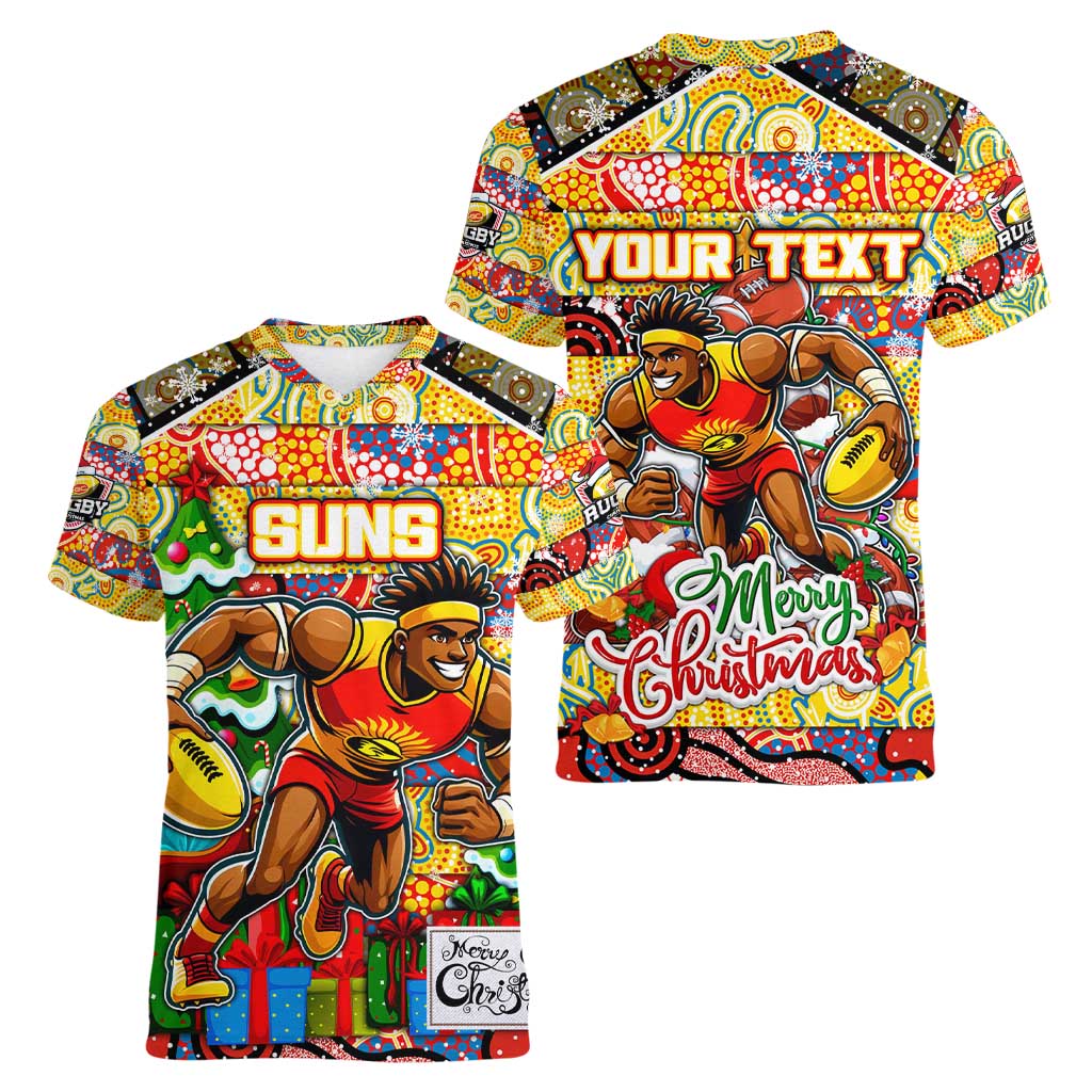 Custom Suns Rugby Merry Christmas Women V-Neck T-Shirt Indigenous Australian Art