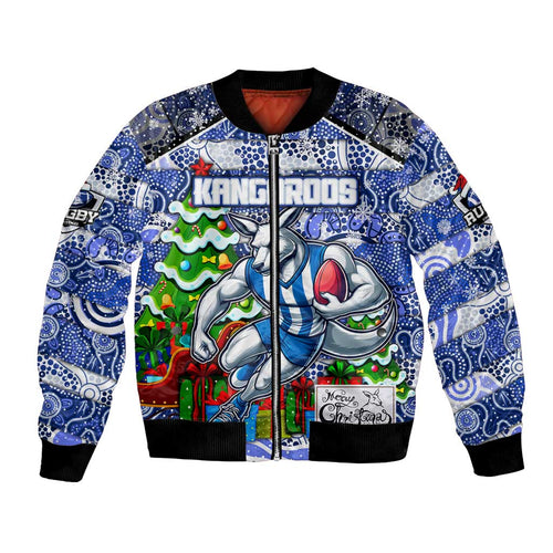 Custom Kangaroos Rugby Merry Christmas Bomber Jacket Indigenous Australian Art
