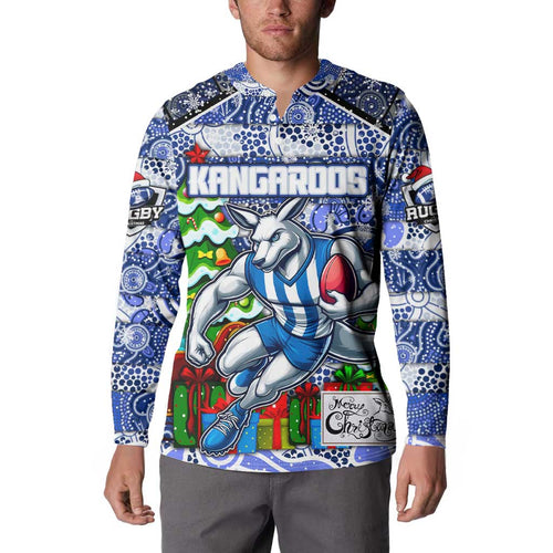 Custom Kangaroos Rugby Merry Christmas Button Sweatshirt Indigenous Australian Art
