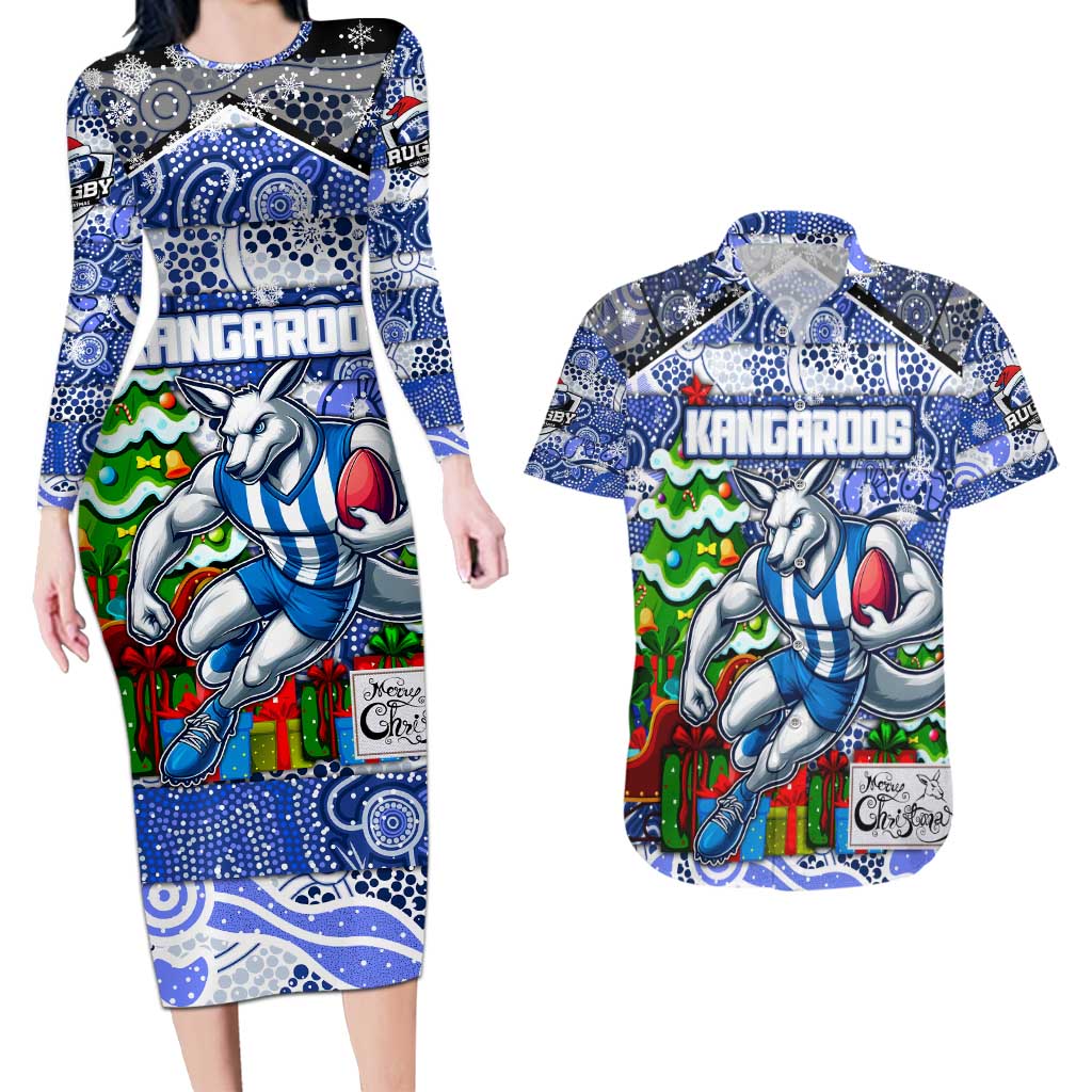 Custom Kangaroos Rugby Merry Christmas Couples Matching Long Sleeve Bodycon Dress and Hawaiian Shirt Indigenous Australian Art