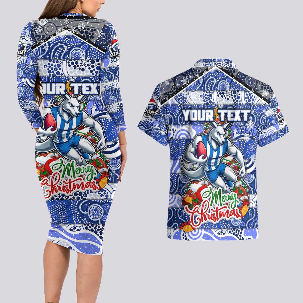 Custom Kangaroos Rugby Merry Christmas Couples Matching Long Sleeve Bodycon Dress and Hawaiian Shirt Indigenous Australian Art