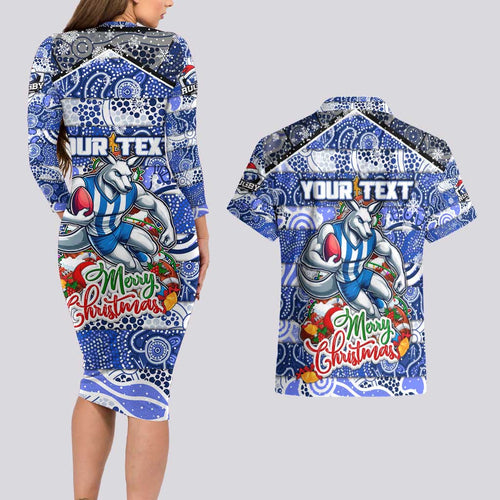 Custom Kangaroos Rugby Merry Christmas Couples Matching Long Sleeve Bodycon Dress and Hawaiian Shirt Indigenous Australian Art