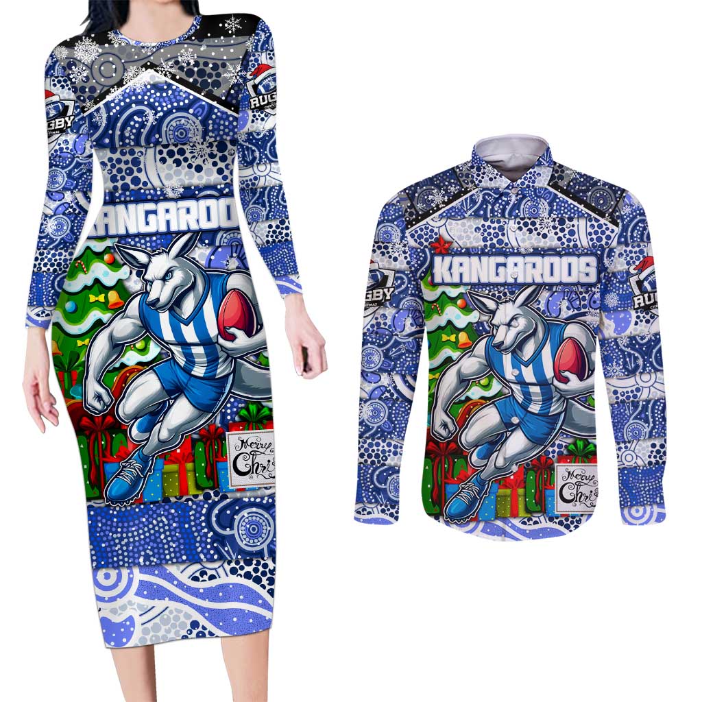 Custom Kangaroos Rugby Merry Christmas Couples Matching Long Sleeve Bodycon Dress and Long Sleeve Button Shirt Indigenous Australian Art