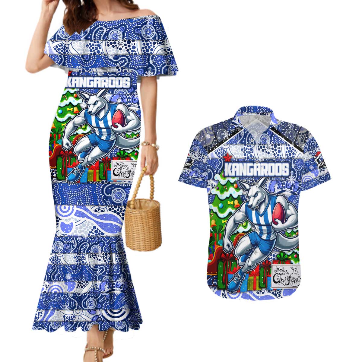 Custom Kangaroos Rugby Merry Christmas Couples Matching Mermaid Dress and Hawaiian Shirt Indigenous Australian Art